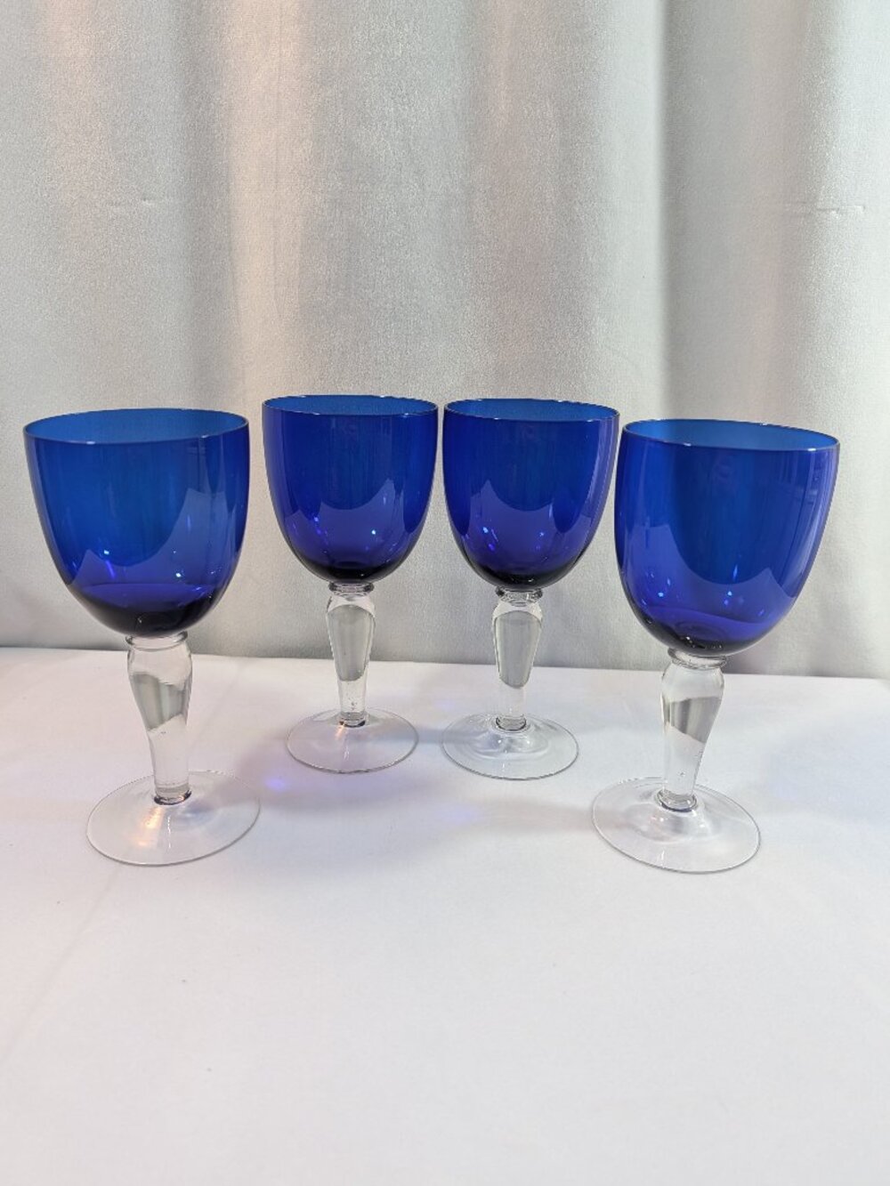Cobalt Blue Clear Bulb Stemmed Wine Water Glasses Set of 4 Handblown
